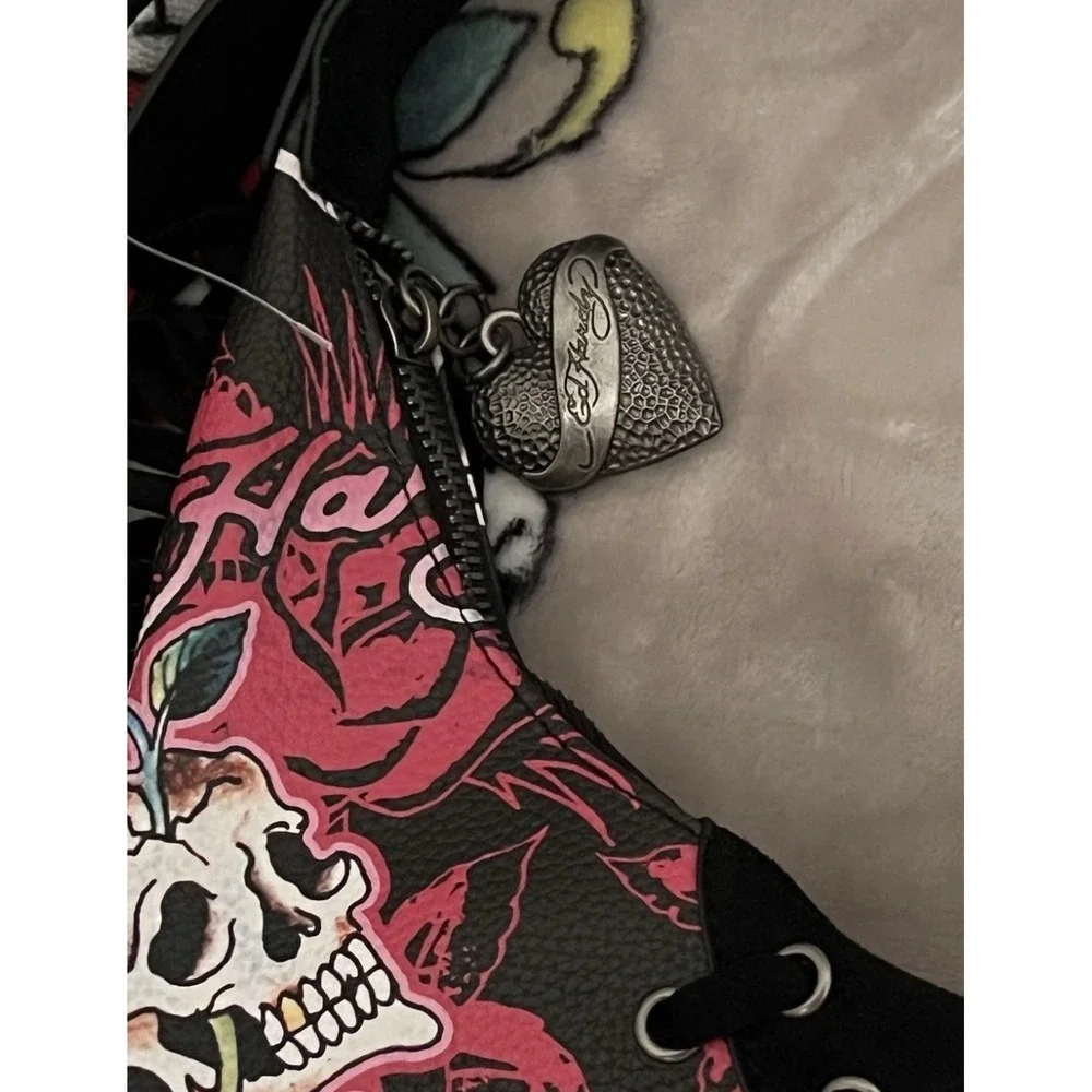 NEW ED HARDY FRINGE Large Hobo Purse SKULLS  FLOWERS BLACK and Red NWT